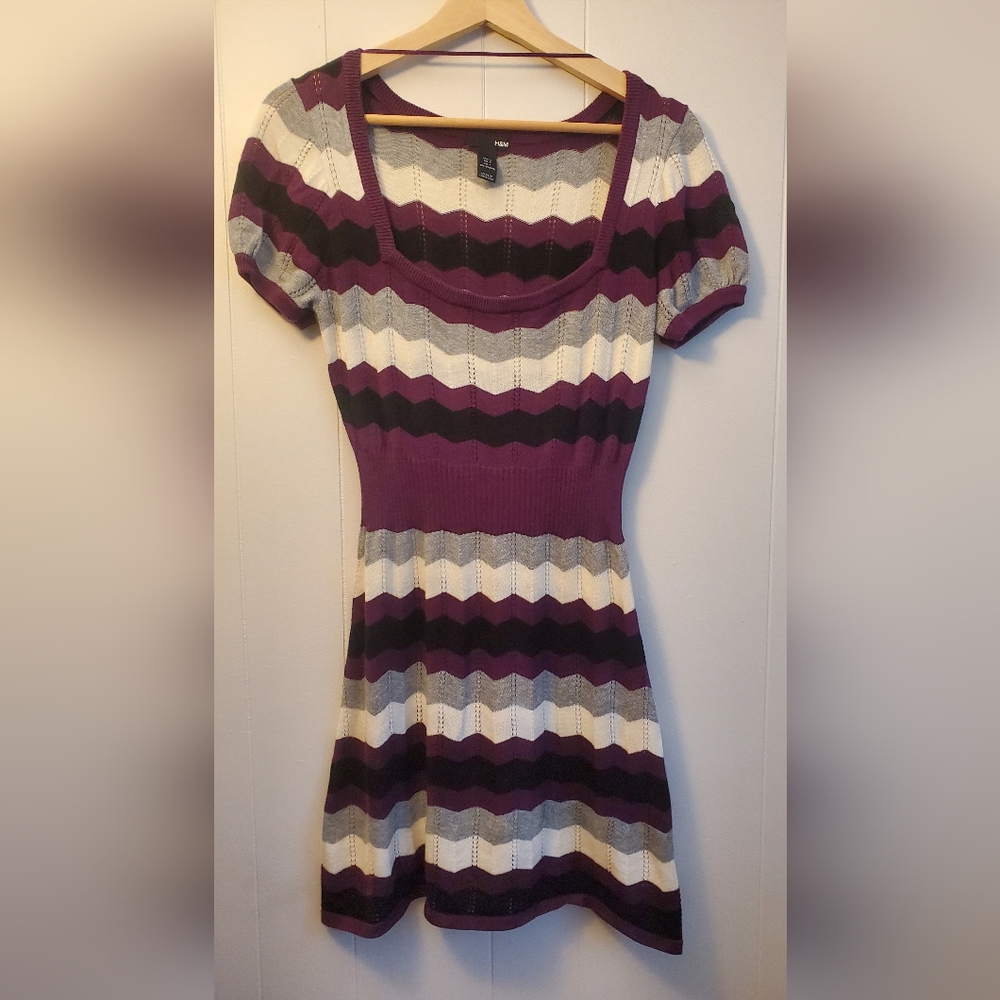 H&M lightweight knit herringbone dress/tunic purple white black grey